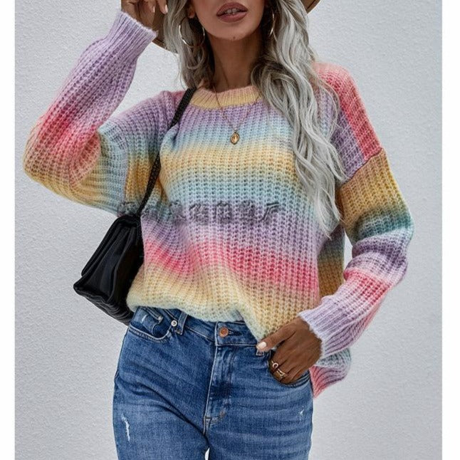 Pullover Striped Round Neck Knit Loose Plus Size Rainbow Ladies Sweater