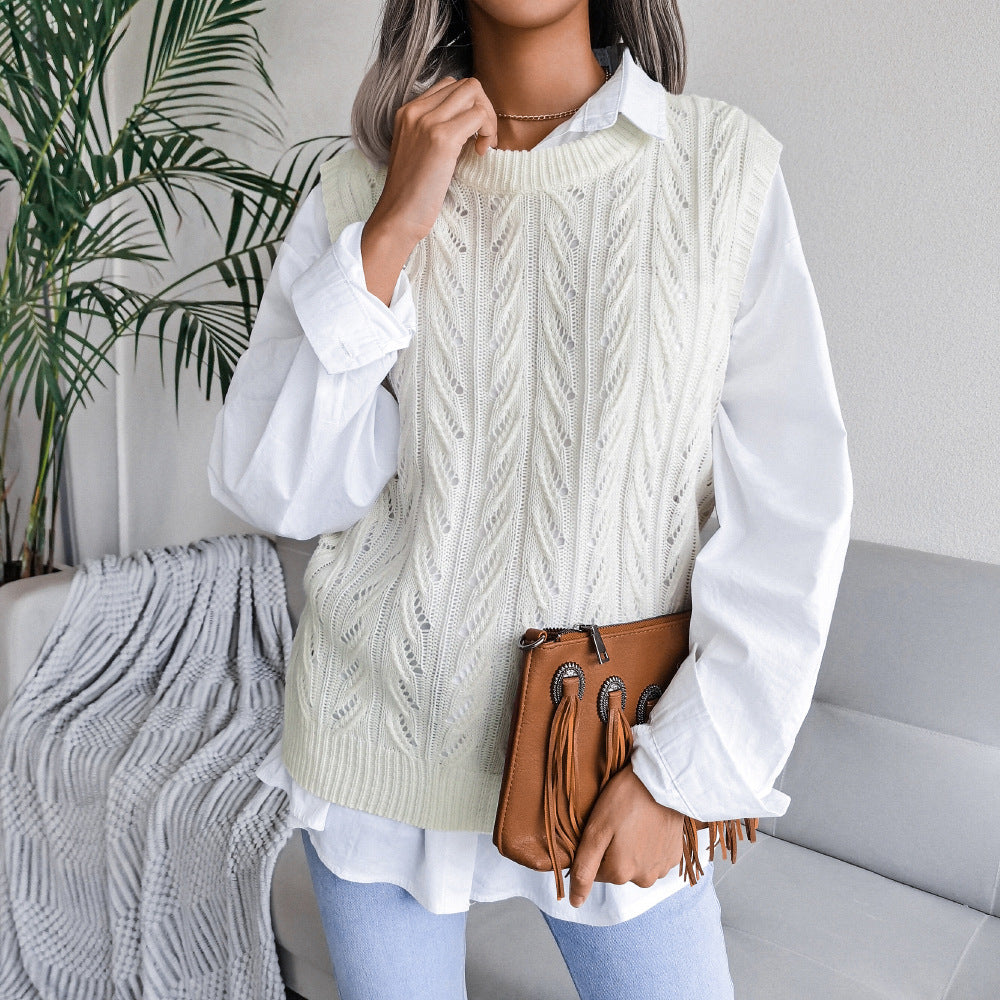 Solid Color Scoop Loose Hollow Sleeveless Fall Women's Sweater Knitted Vest