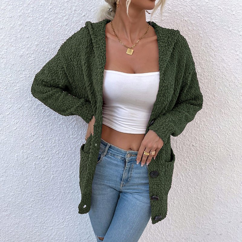 Button Single-Breasted Hooded Middle Length Women's Loose Women Cardigan Sweater