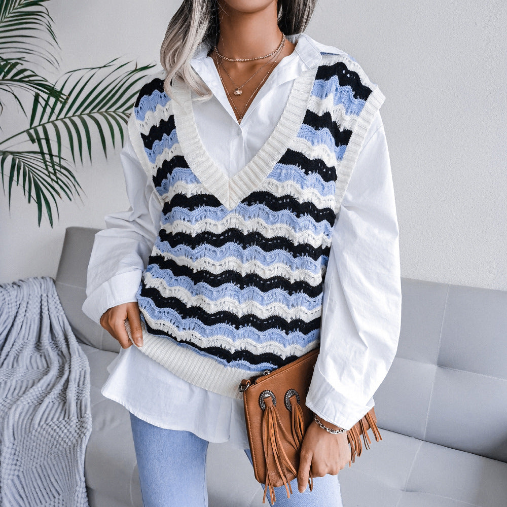 V Neck Loose Stripes Print Sleeveless Women's Sweater Knitted Vest