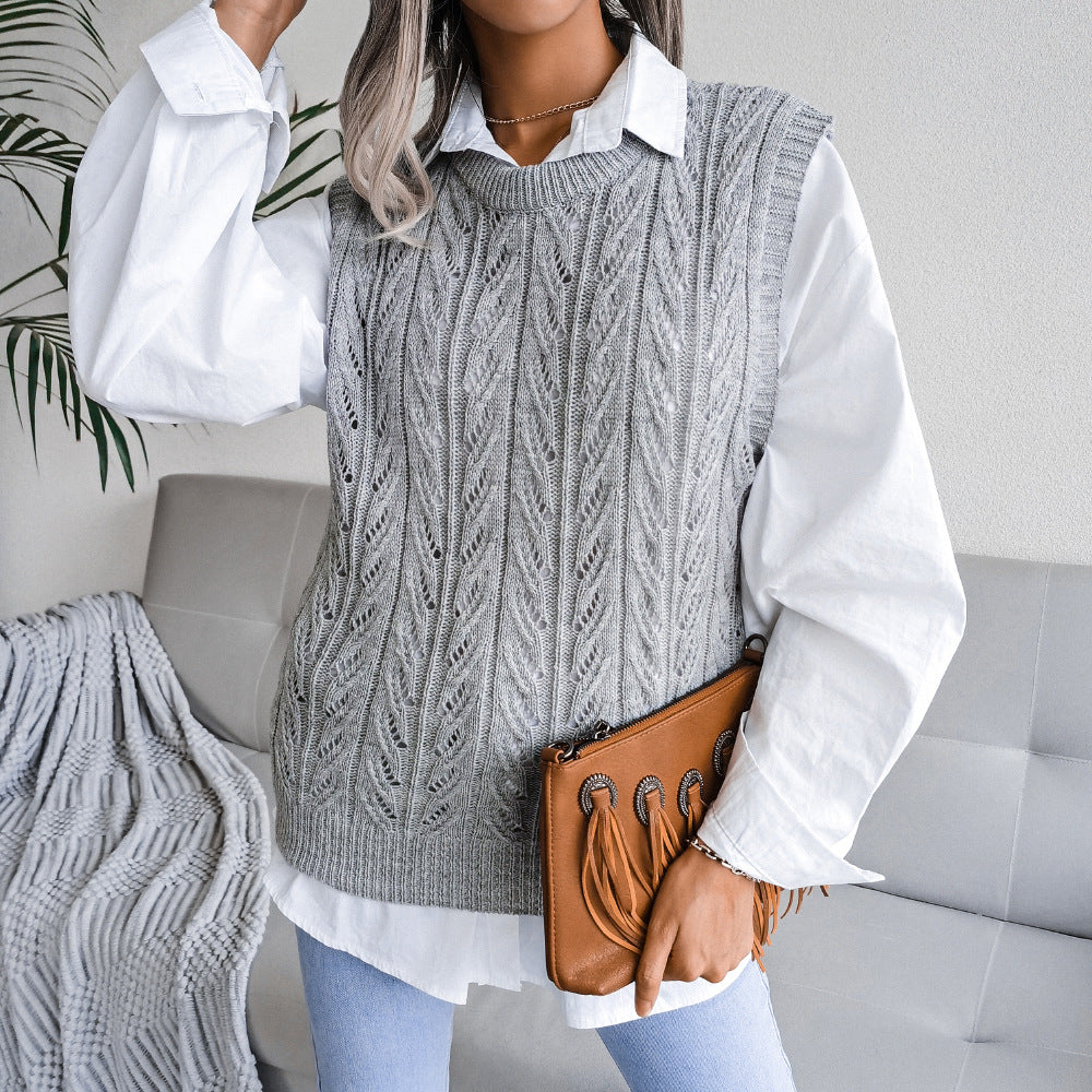 Solid Color Scoop Loose Hollow Sleeveless Fall Women's Sweater Knitted Vest