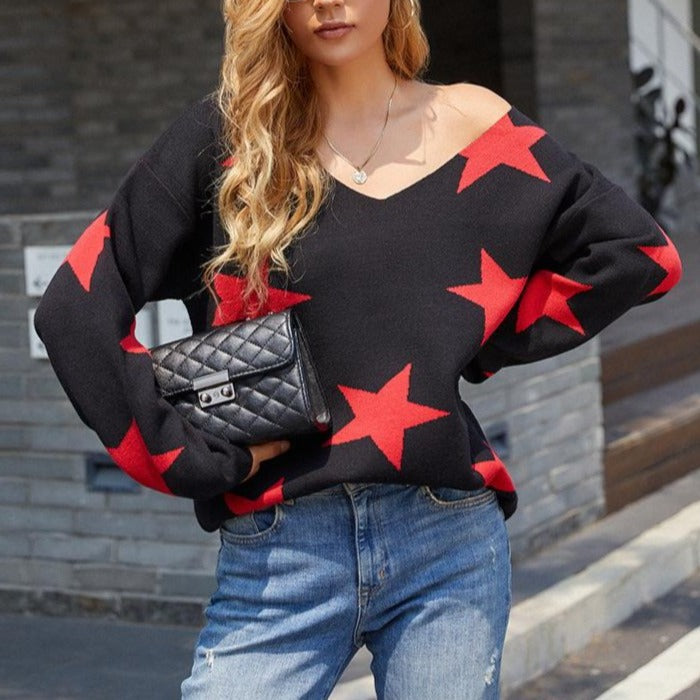 Five-pointed Star Print V Neck Loose Women's Pullover Sweater