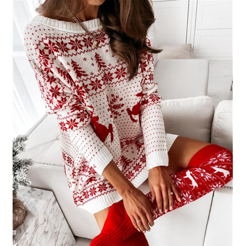 Christmas Trees Color Shoulder Long Sleeve Loose Knitting Mini Dress