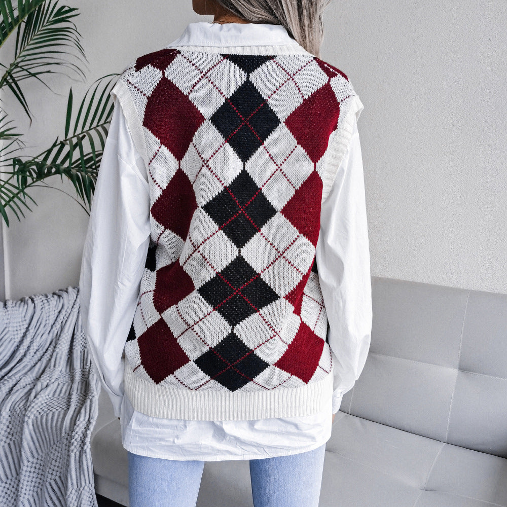 V Neck Loose Square Print Sleeveless Women's Sweater Knitted Vest