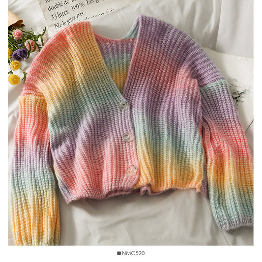 Single-Breasted Tie-Dye Regular V-Neck Women's Cardigan Sweater