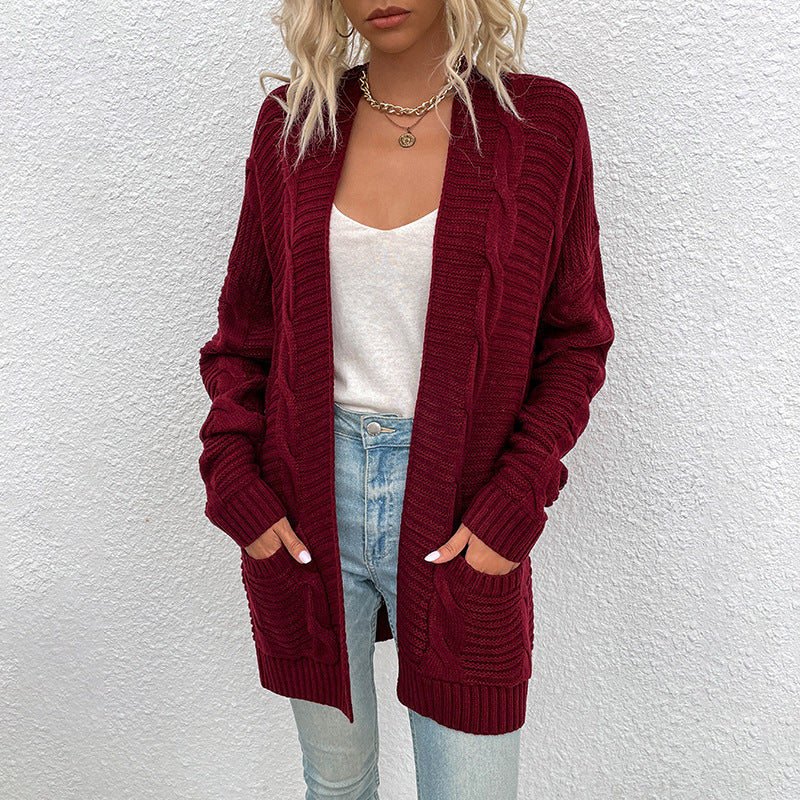 Plain Loose Pocket Mid-Length Fall Casual Women's Cardigan Sweater