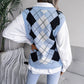 V Neck Loose Square Print Sleeveless Women's Sweater Knitted Vest