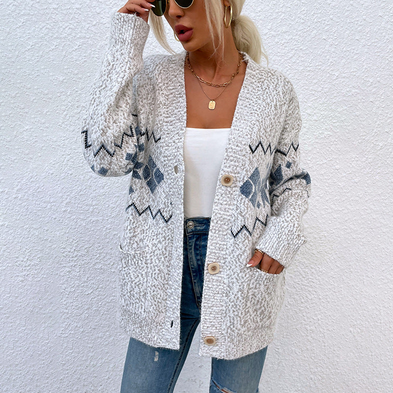 Button Single-Breasted Middle Length Wave Women's Cardigan Sweater With Pocket