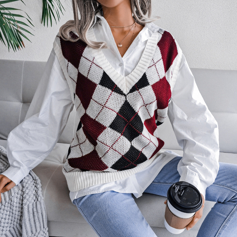 V Neck Loose Square Print Sleeveless Women's Sweater Knitted Vest