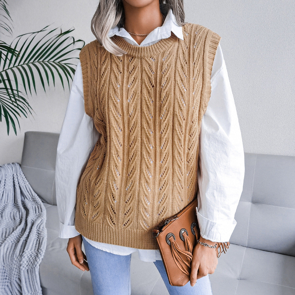 Solid Color Scoop Loose Hollow Sleeveless Fall Women's Sweater Knitted Vest