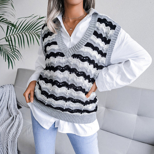 V Neck Loose Stripes Print Sleeveless Women's Sweater Knitted Vest