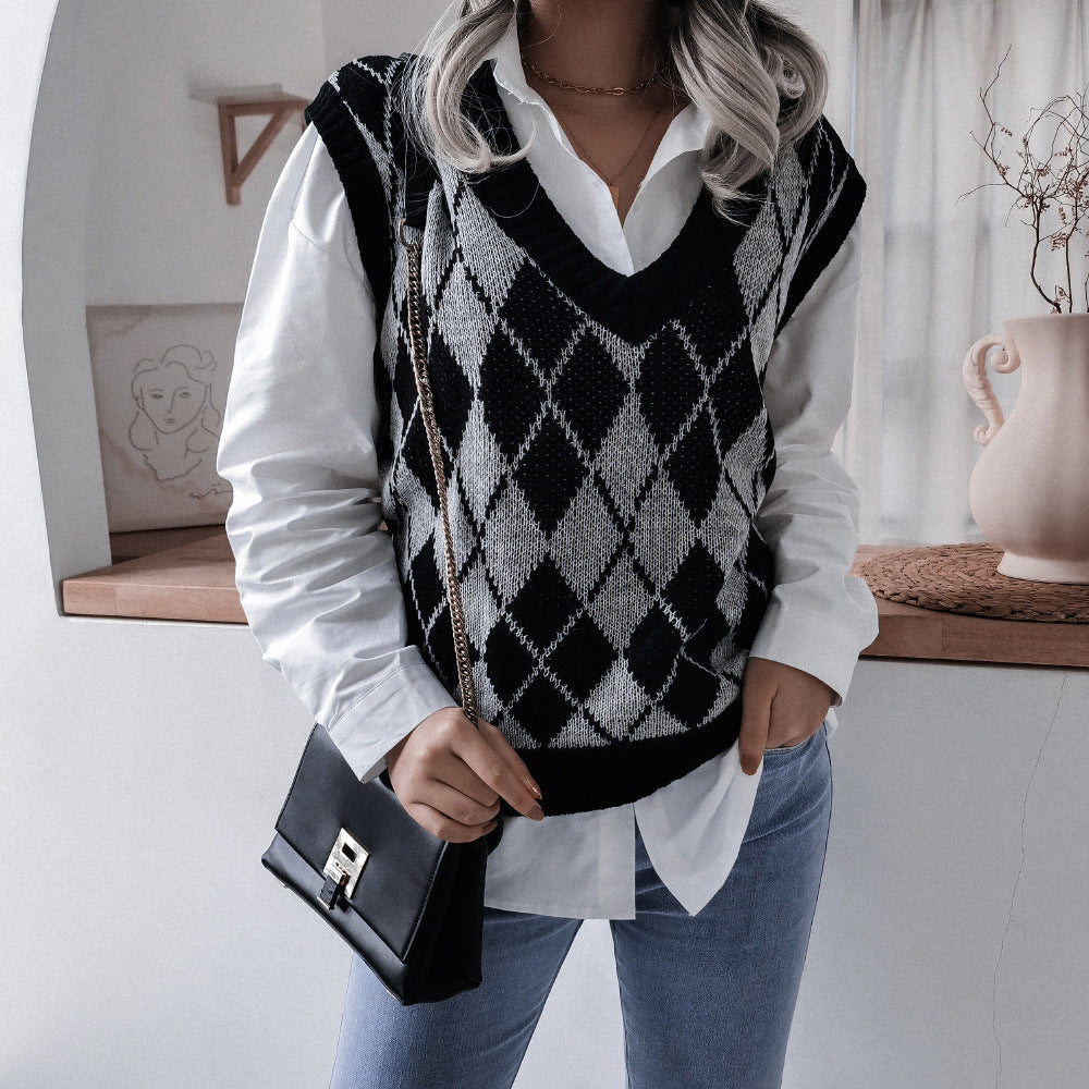 V Neck Loose Square Print Sleeveless Women's Sweater Knitted Vest
