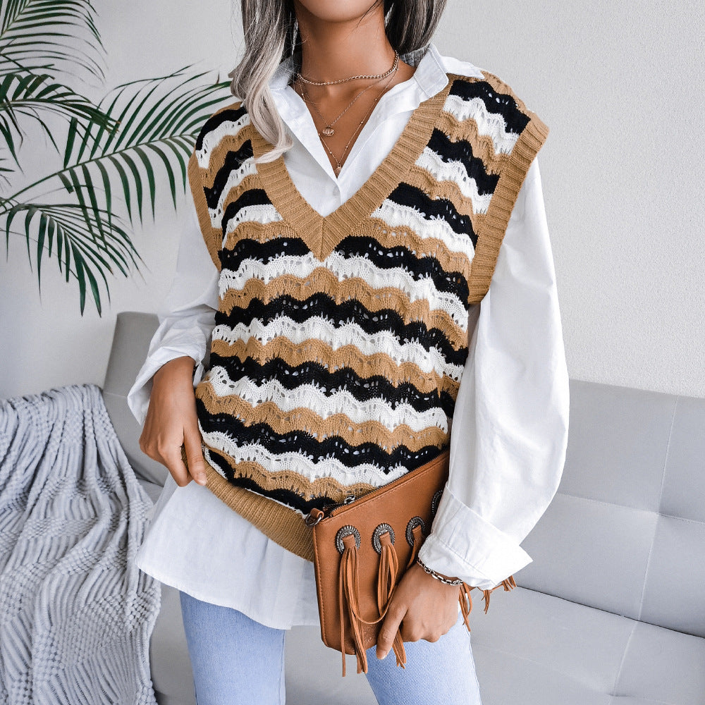 V Neck Loose Stripes Print Sleeveless Women's Sweater Knitted Vest