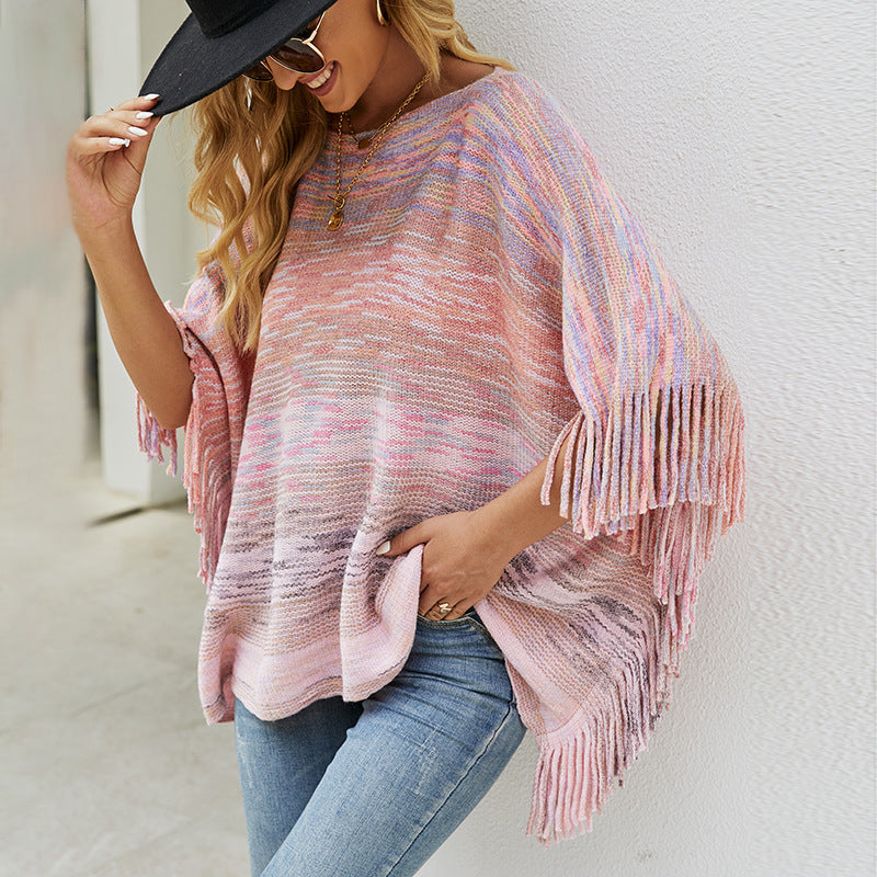 Tassel Decor Half Sleeves Loose Early Autumn Women's Sweater