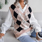 V Neck Loose Square Print Sleeveless Women's Sweater Knitted Vest