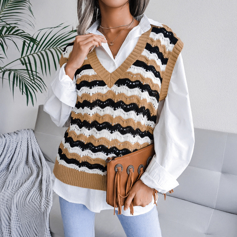 V Neck Loose Stripes Print Sleeveless Women's Sweater Knitted Vest