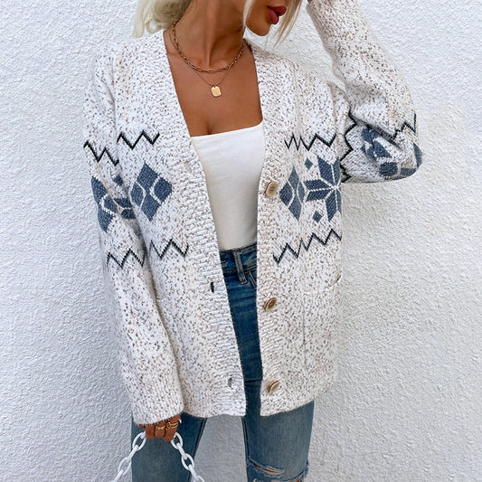 Button Single-Breasted Middle Length Wave Women's Cardigan Sweater With Pocket