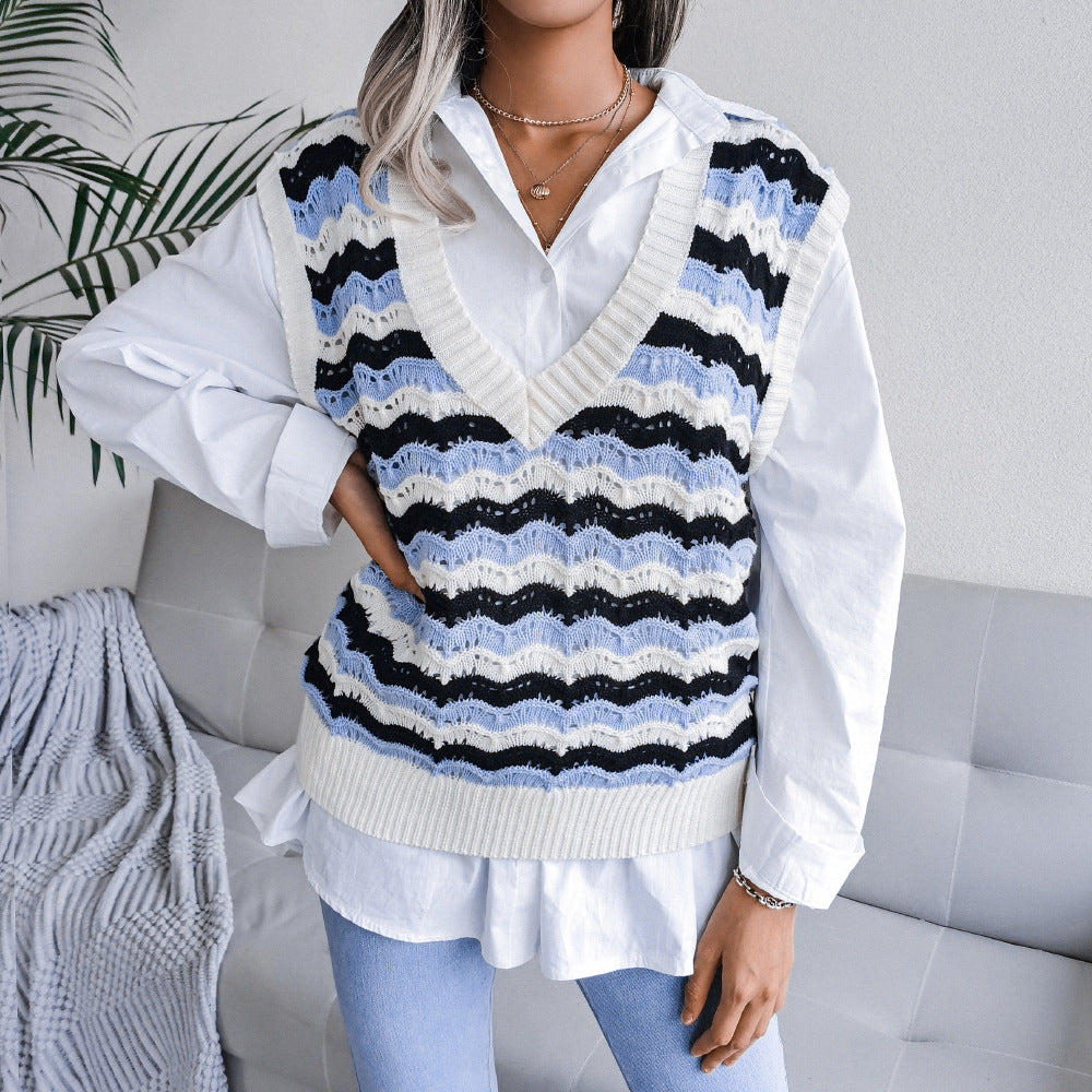 V Neck Loose Stripes Print Sleeveless Women's Sweater Knitted Vest