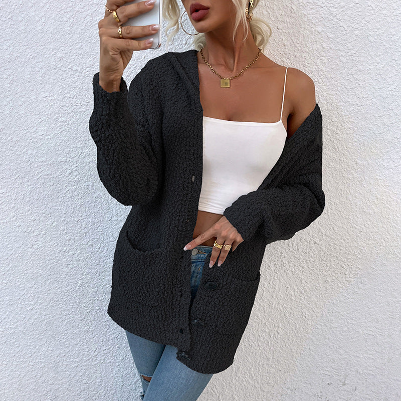 Button Single-Breasted Hooded Middle Length Women's Loose Women Cardigan Sweater