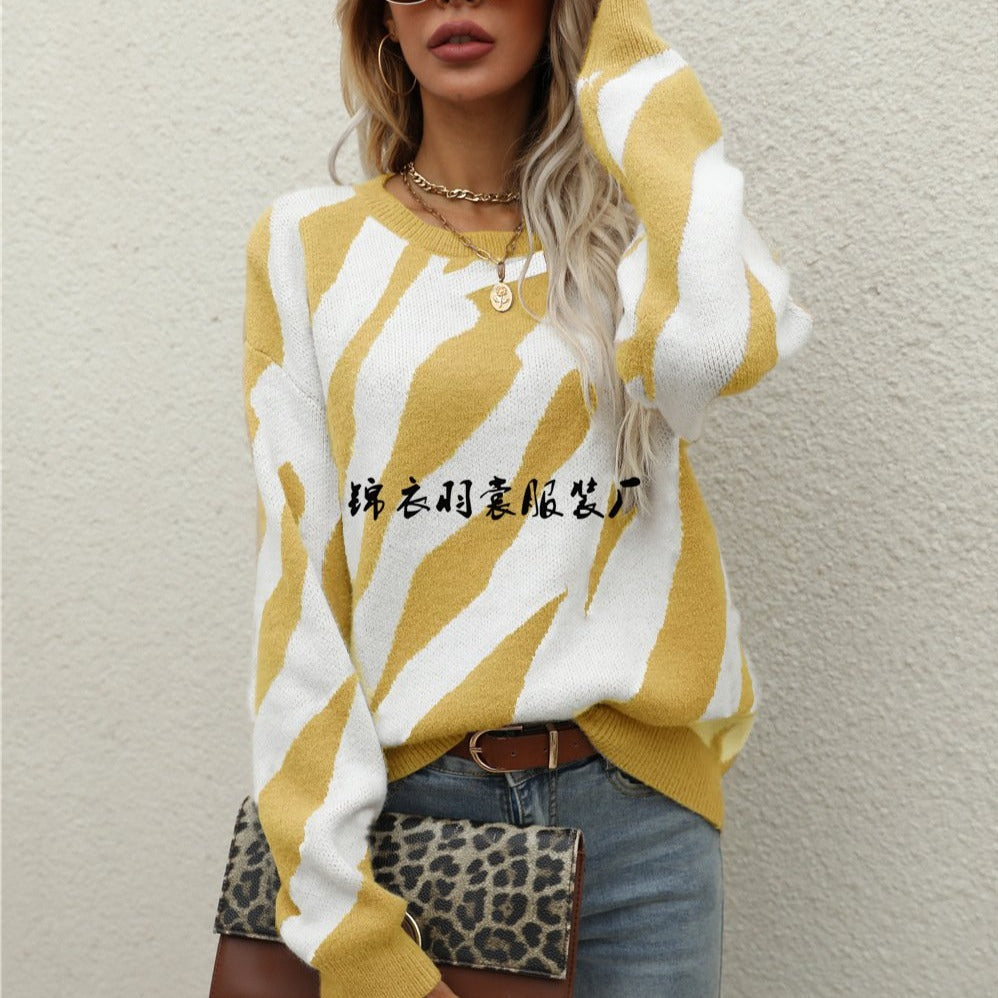 Stripes Loose Round Neck Fall Women's Pullover Sweater