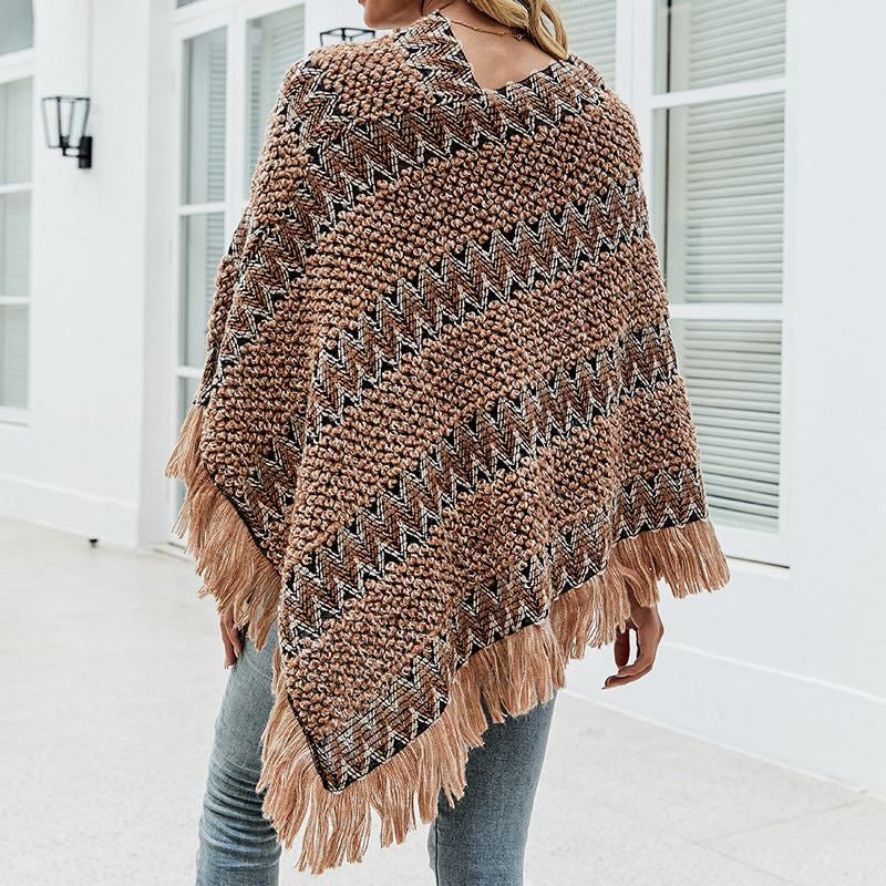 Tassel Decor Patchwork Wrapped Thin Mid-Length Women's Sweater