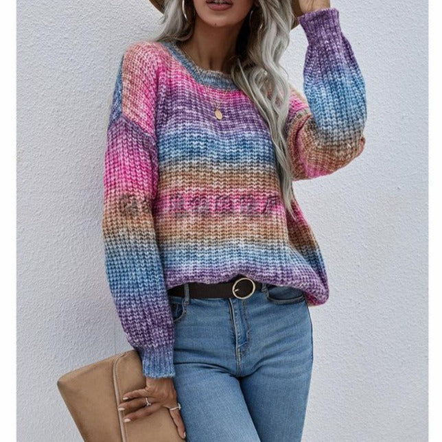 Pullover Striped Round Neck Knit Loose Plus Size Rainbow Ladies Sweater