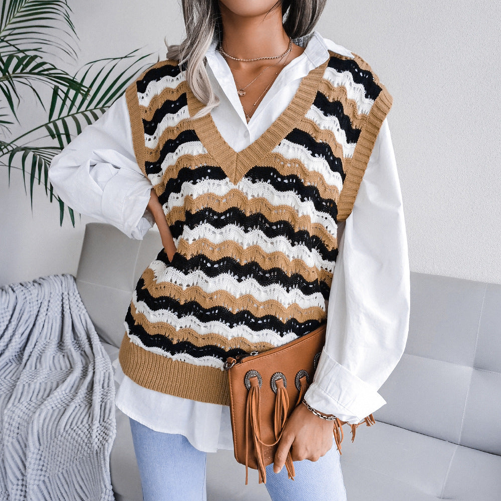 V Neck Loose Stripes Print Sleeveless Women's Sweater Knitted Vest