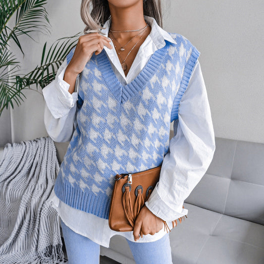 V Neck Loose Print Sleeveless Women's Sweater Knitted Vest