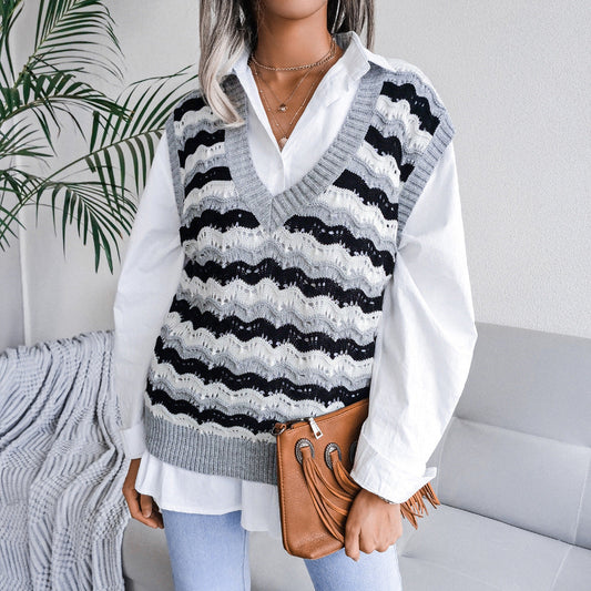 V Neck Loose Stripes Print Sleeveless Women's Sweater Knitted Vest