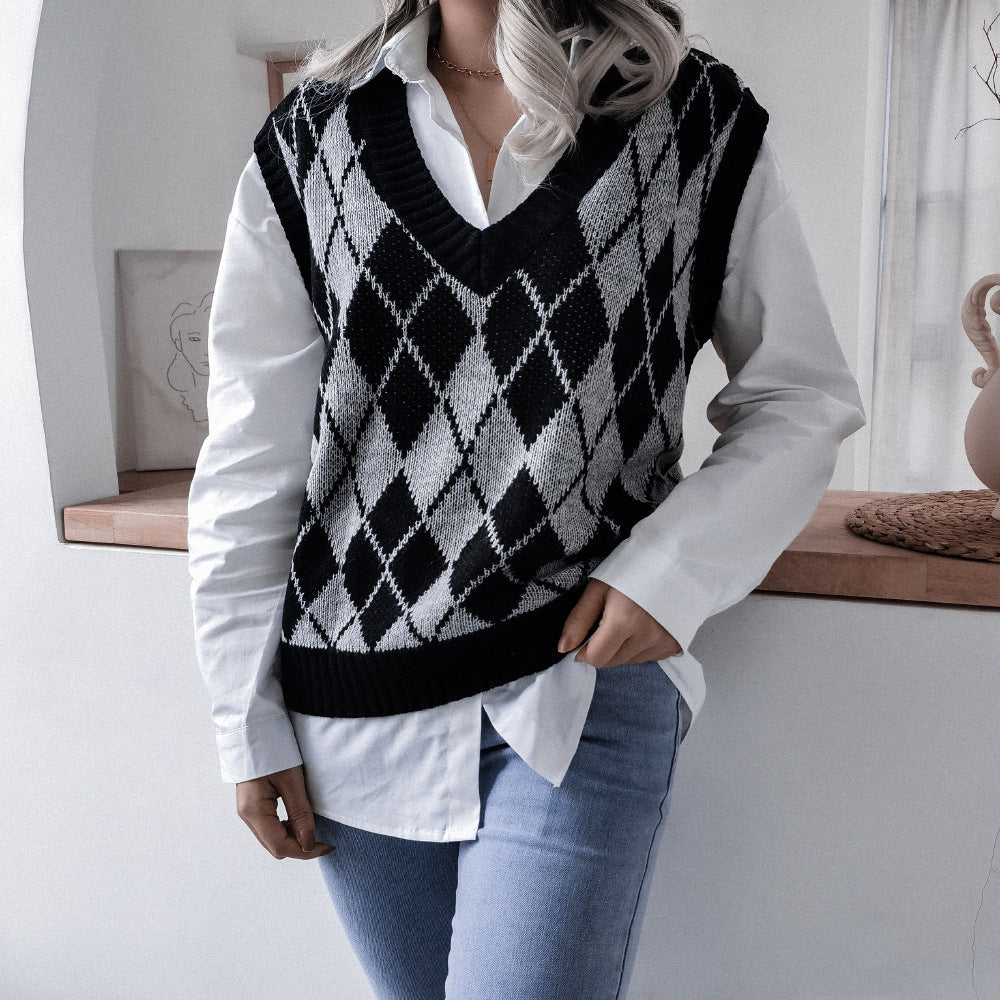 V Neck Loose Square Print Sleeveless Women's Sweater Knitted Vest