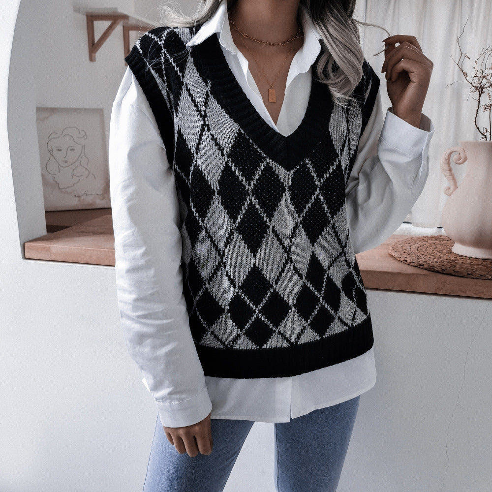 V Neck Loose Square Print Sleeveless Women's Sweater Knitted Vest
