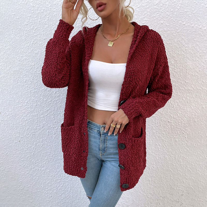 Button Single-Breasted Hooded Middle Length Women's Loose Women Cardigan Sweater