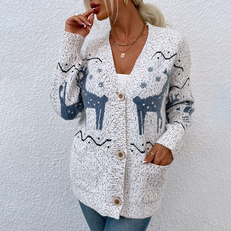 Button Single-Breasted Middle Length Christmas Fawn Women's Cardigan Sweater