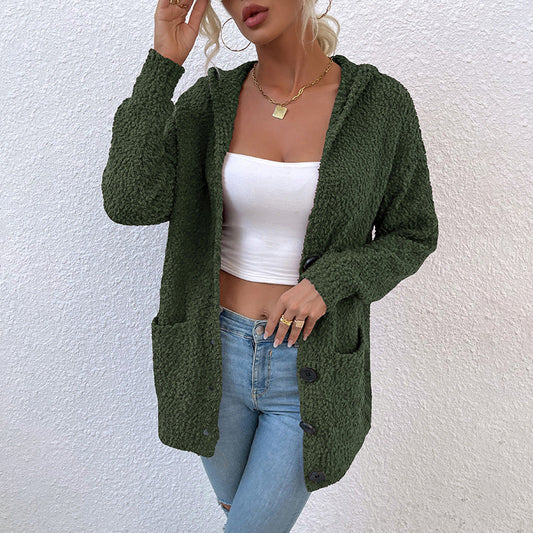 Button Single-Breasted Hooded Middle Length Women's Loose Women Cardigan Sweater