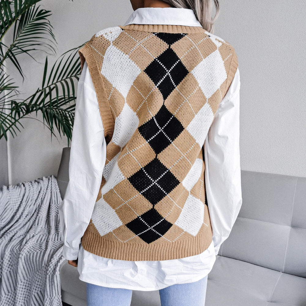 V Neck Loose Square Print Sleeveless Women's Sweater Knitted Vest