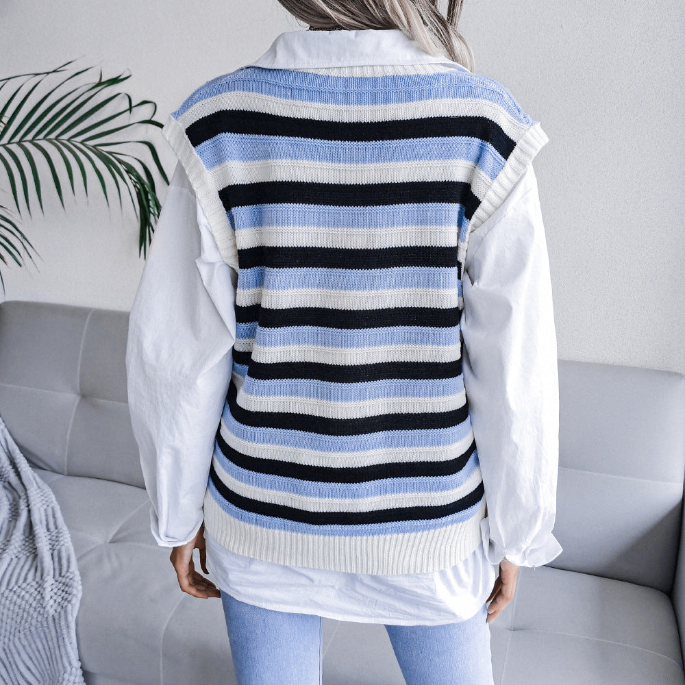 V Neck Loose Stripes Print Sleeveless Women's Sweater Knitted Vest