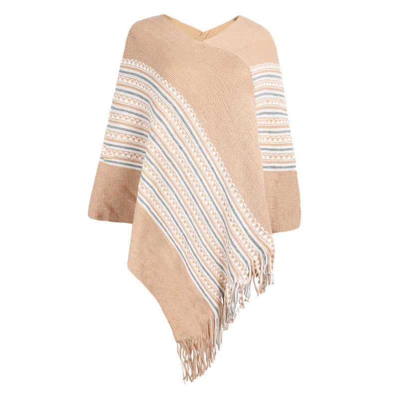 Tassel Decor V Neck Patchwork Wrapped Thin Mid-Length Women's Sweater