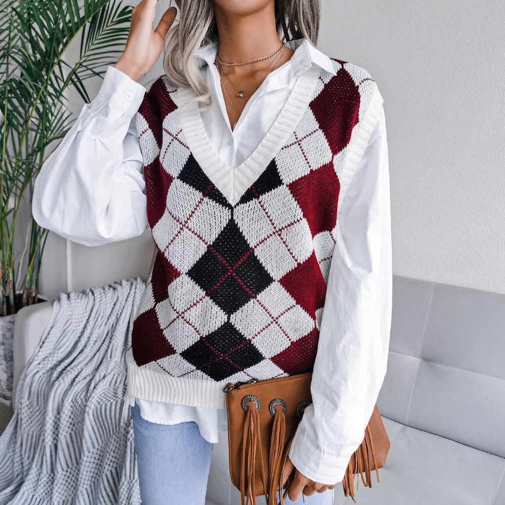 V Neck Loose Square Print Sleeveless Women's Sweater Knitted Vest