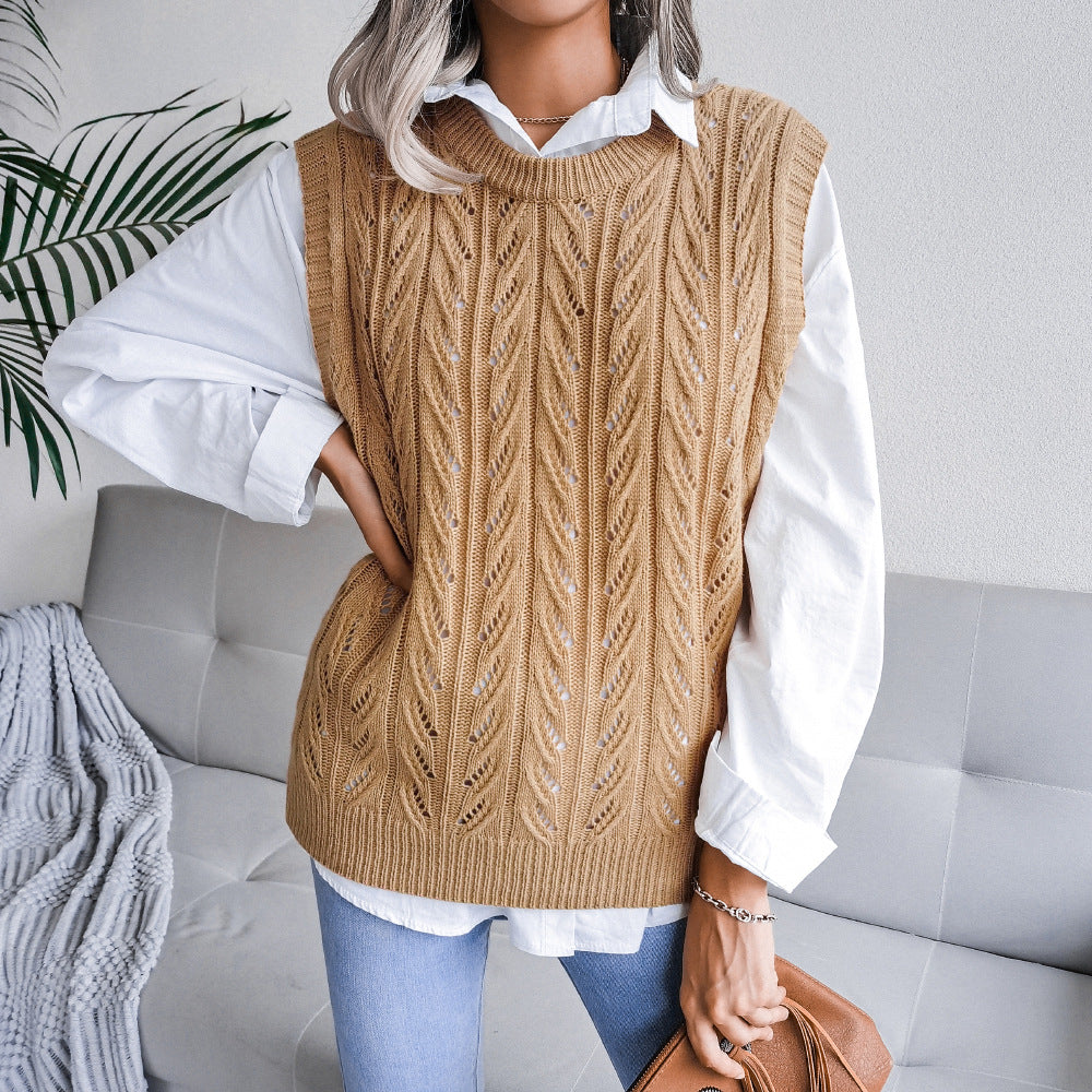 Solid Color Scoop Loose Hollow Sleeveless Fall Women's Sweater Knitted Vest