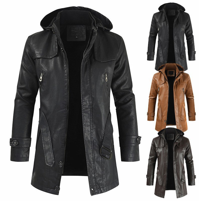 Embossed Leather Plain Mid-Length Hooded Winter Men's Leather Jacket