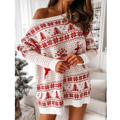 Christmas Trees Color Shoulder Long Sleeve Loose Knitting Mini Dress