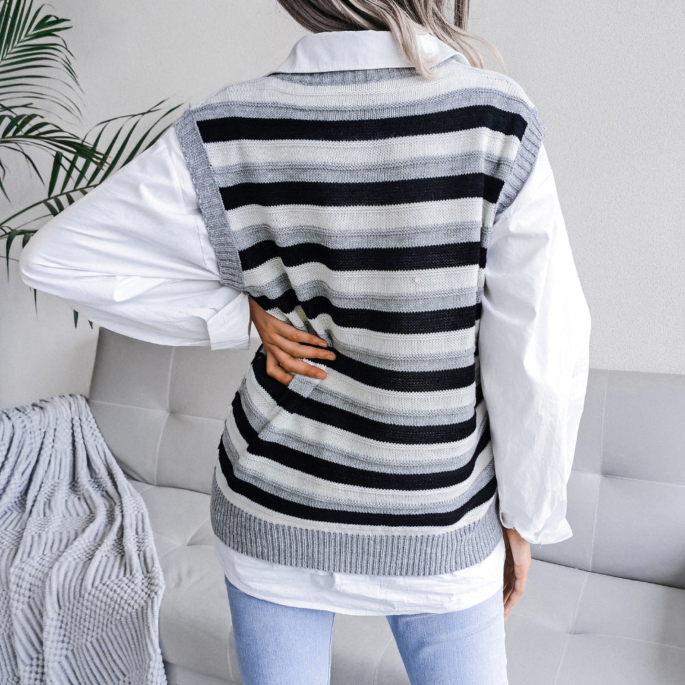 V Neck Loose Stripes Print Sleeveless Women's Sweater Knitted Vest