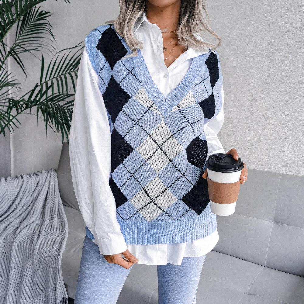 V Neck Loose Square Print Sleeveless Women's Sweater Knitted Vest