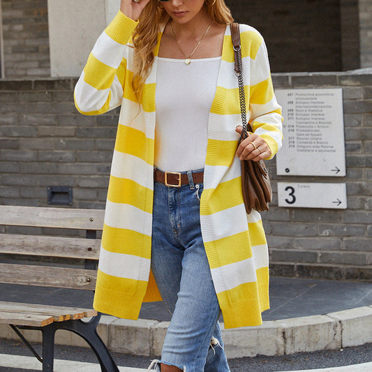 Stripes Patchwork Middle Length Loose Wrapped Women Cardigan Sweater