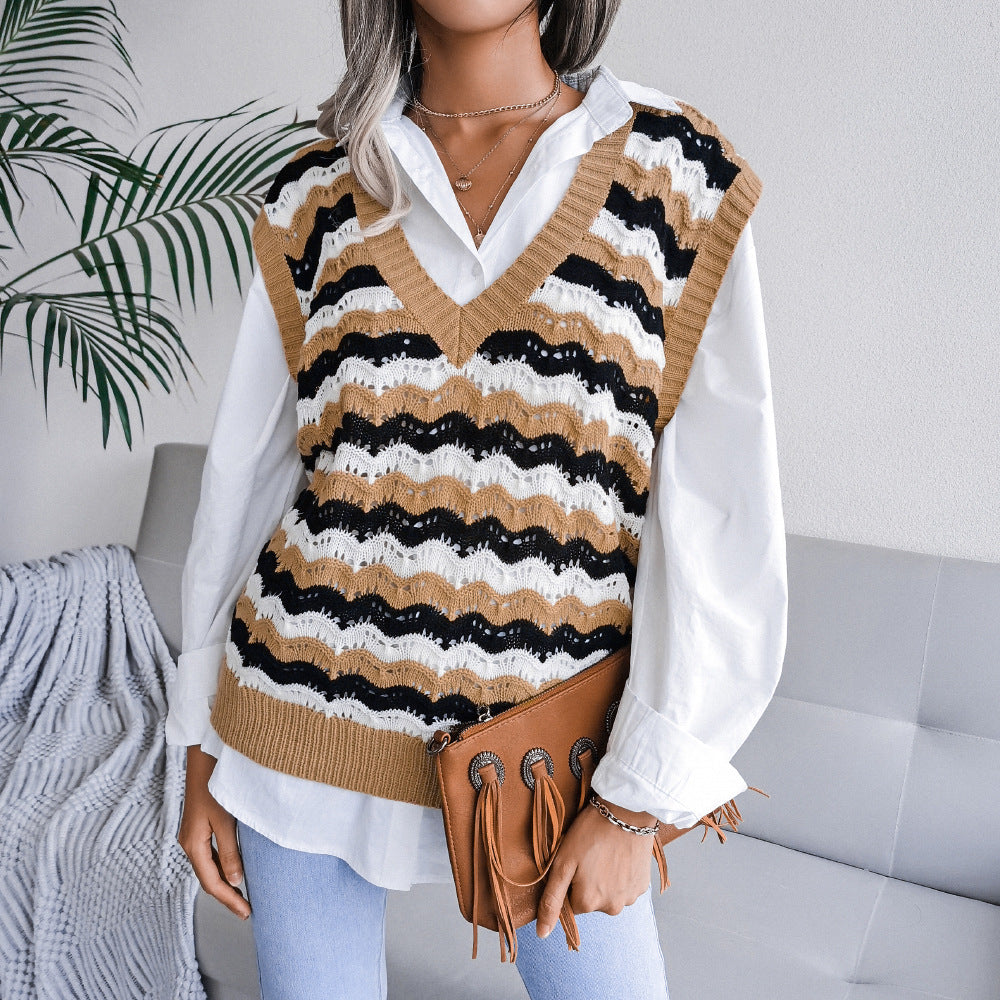 V Neck Loose Stripes Print Sleeveless Women's Sweater Knitted Vest