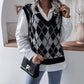 V Neck Loose Square Print Sleeveless Women's Sweater Knitted Vest
