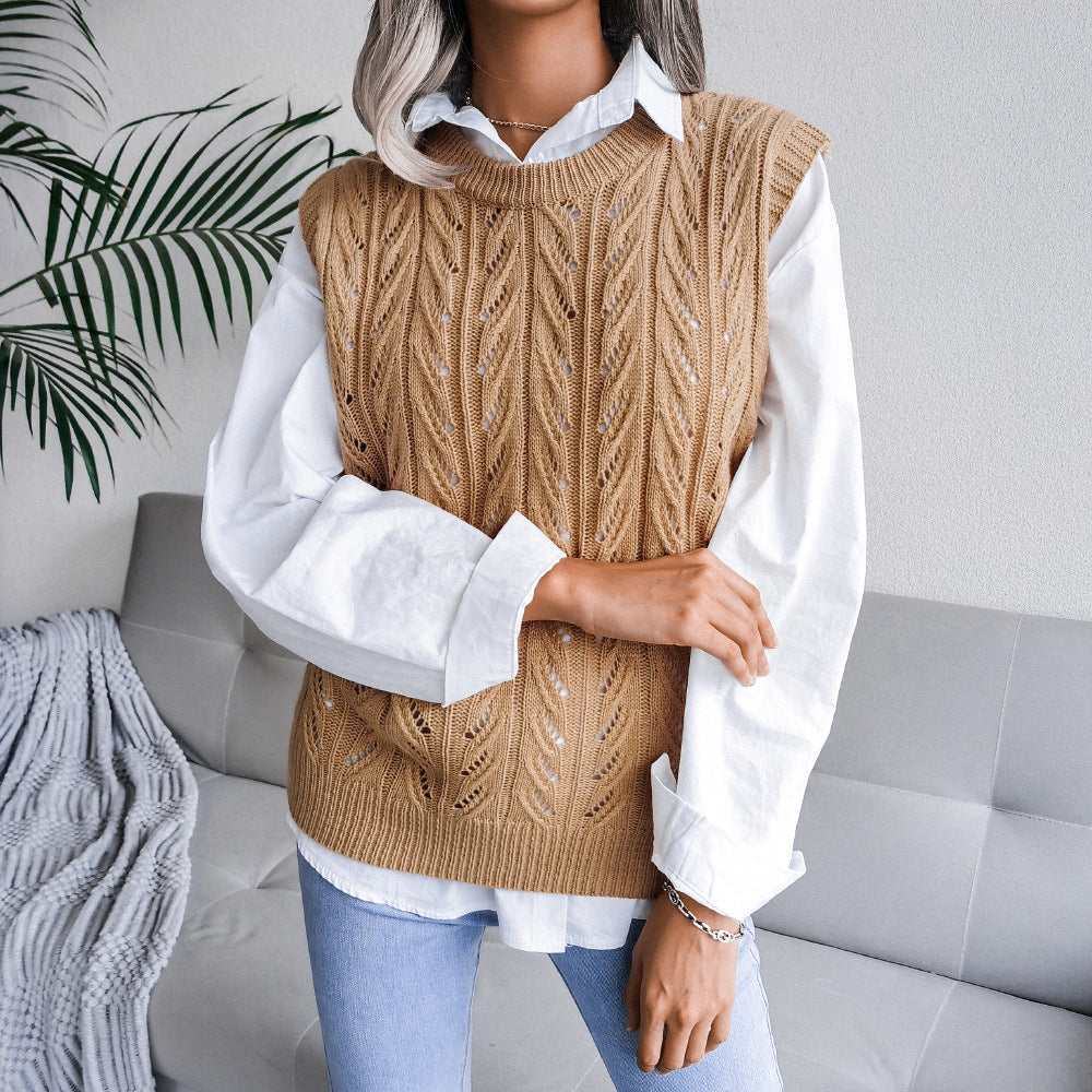 Solid Color Scoop Loose Hollow Sleeveless Fall Women's Sweater Knitted Vest