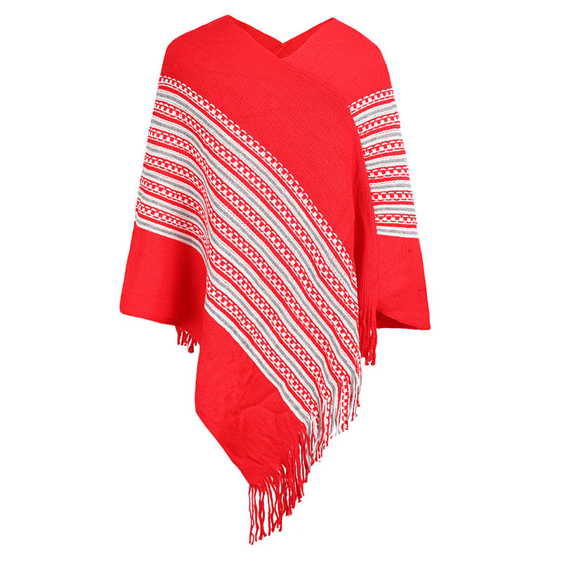 Tassel Decor V Neck Patchwork Wrapped Thin Mid-Length Women's Sweater