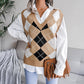 V Neck Loose Square Print Sleeveless Women's Sweater Knitted Vest
