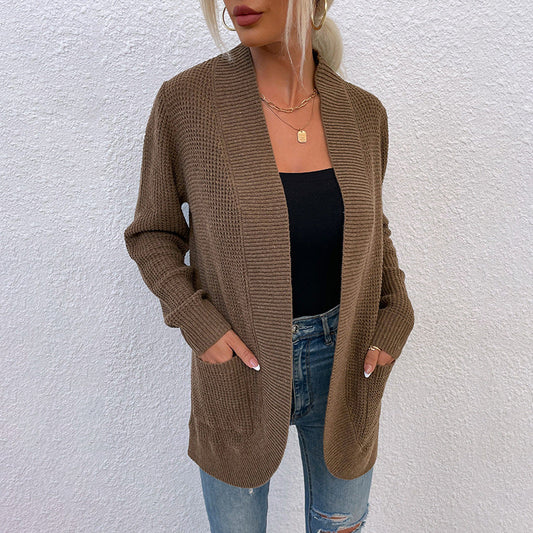 Middle Length Wrapped Women Cardigan Sweater With Pocket